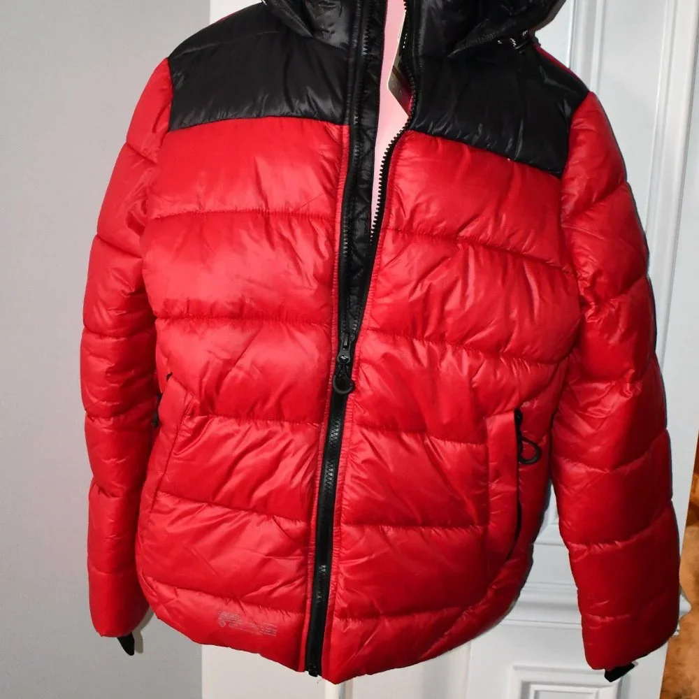 Point Zero Color Block Matte Shine Puffer Jacket in RED Size: LARGE #7958037DL_4